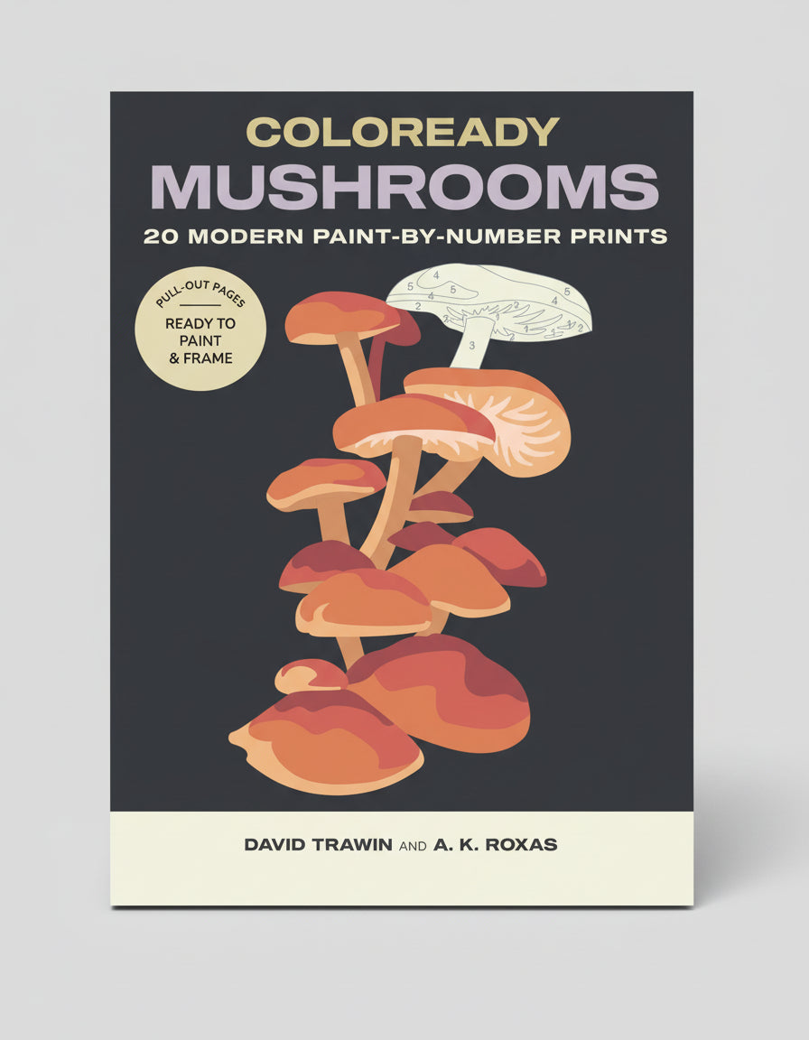 Book cover of 'Coloready Mushrooms' with mushroom illustrations and text about paint-by-number prints.