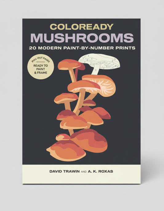 Book cover of 'Coloready Mushrooms' with mushroom illustrations and text about paint-by-number prints.