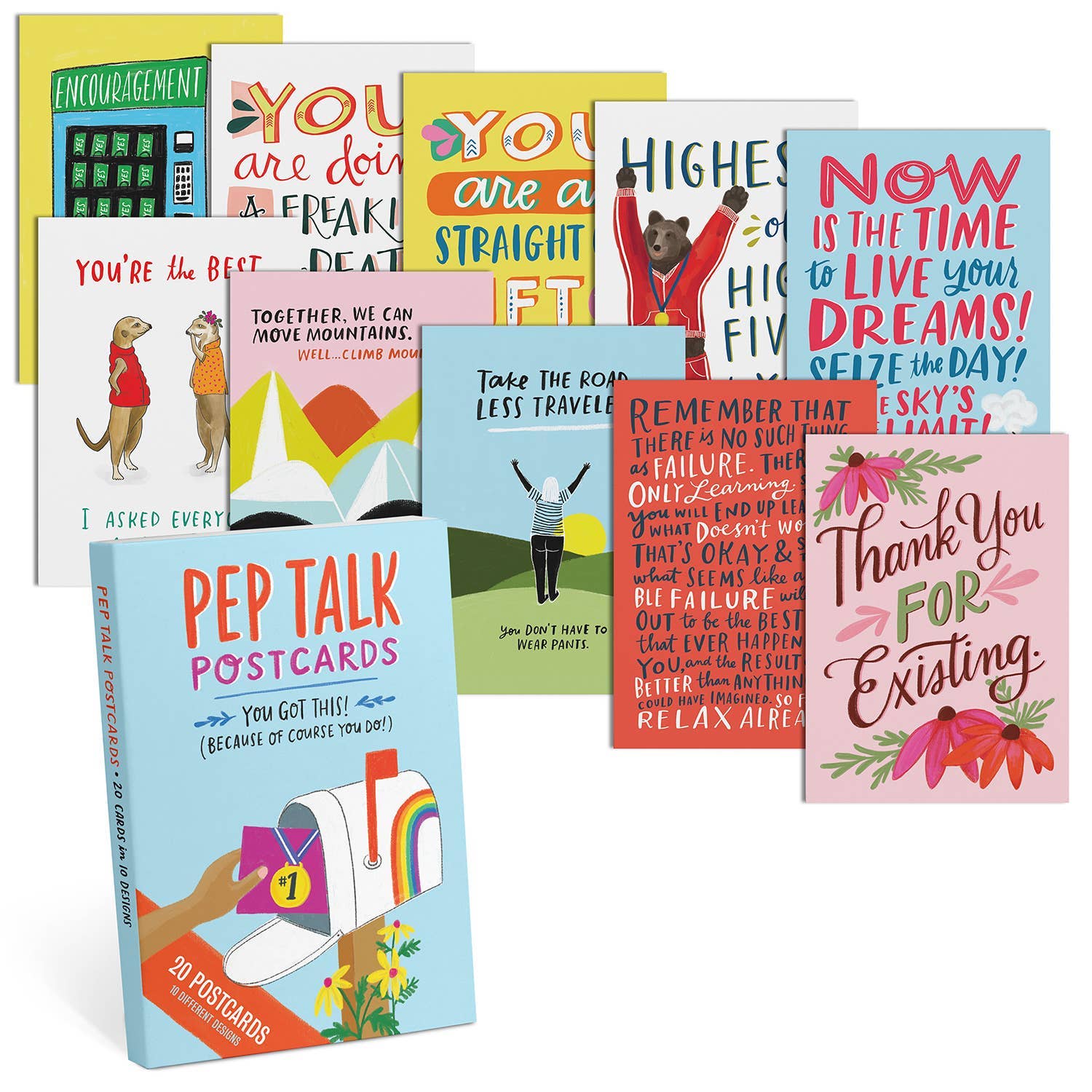 Collection of motivational postcards with various messages on a white background