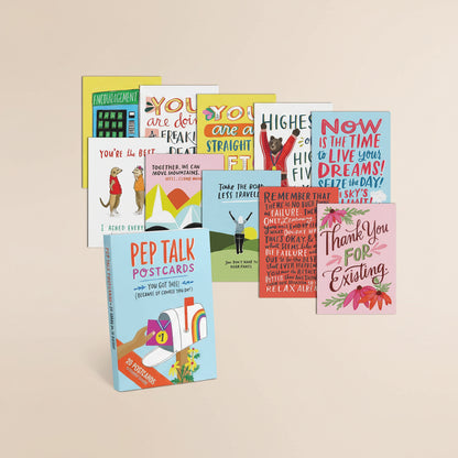 Collection of motivational postcards with various messages on a white background