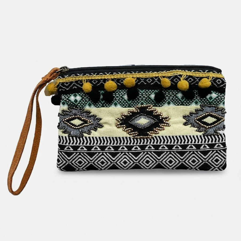 Patterned pouch with a strap on a white background