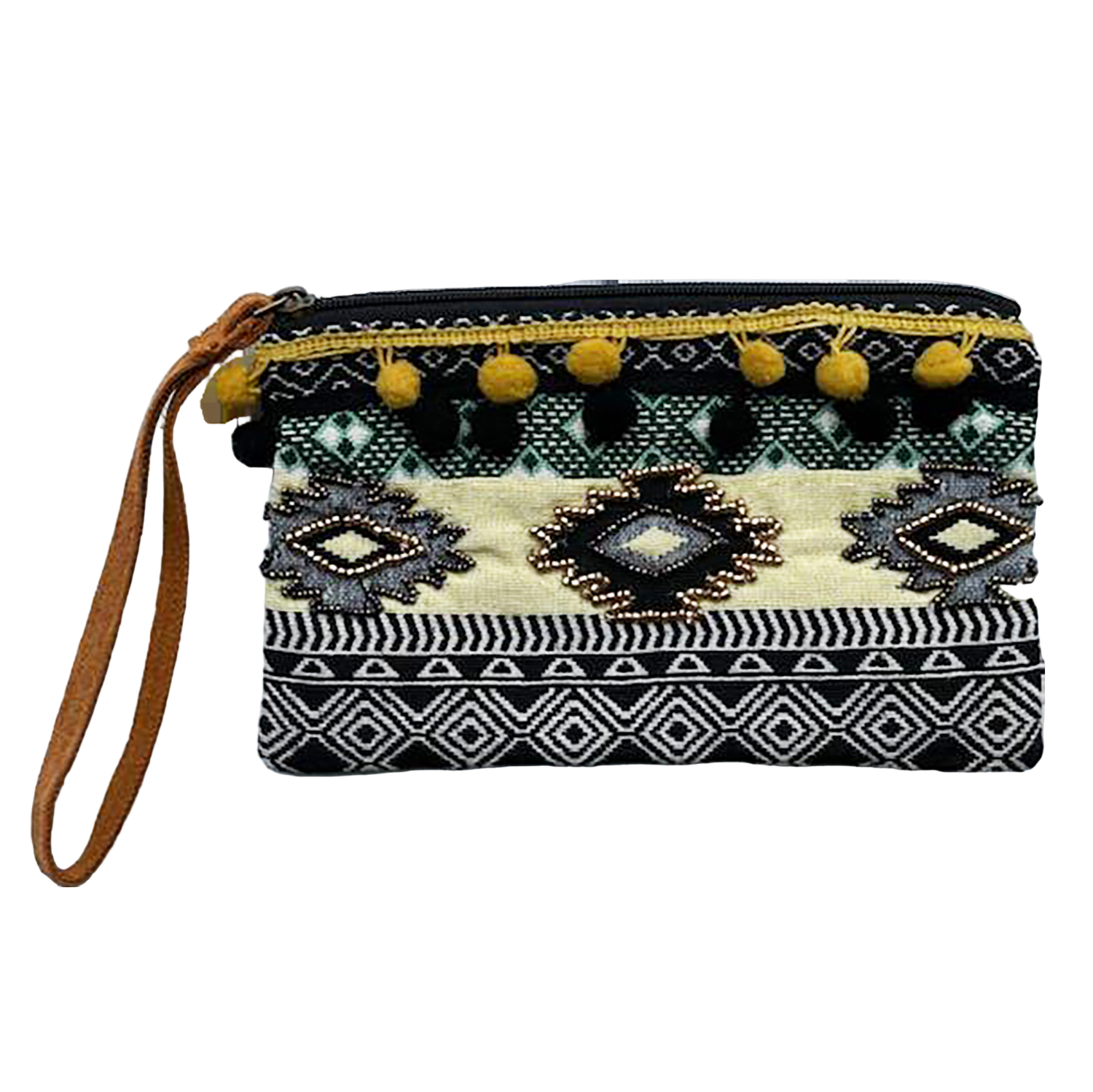 Patterned pouch with a strap on a white background