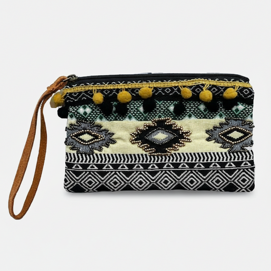 Patterned pouch with a strap on a white background