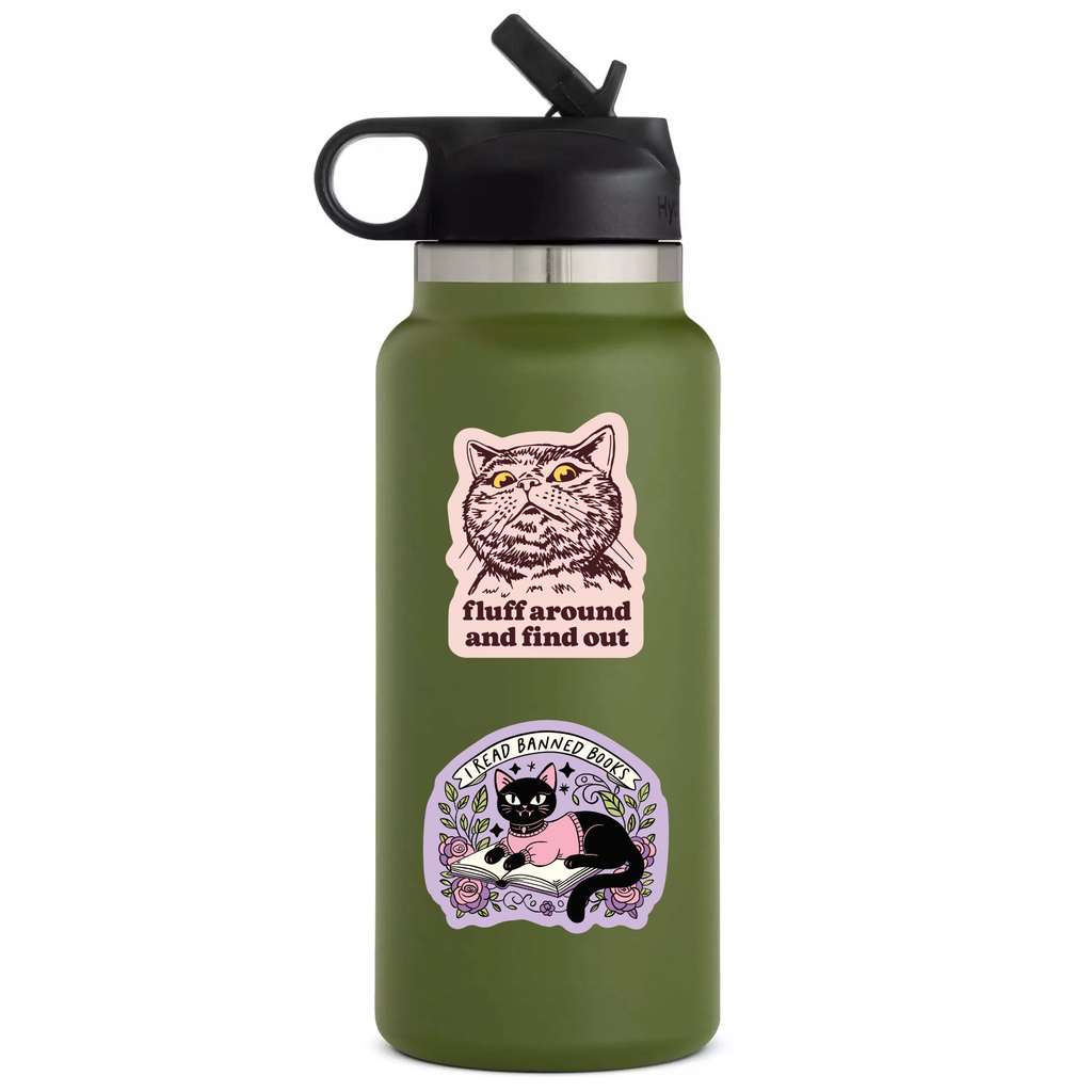 "Fluff Around and Find Out" Sassy Cat Sticker - Bold and Funny Design decal on water bottle. 