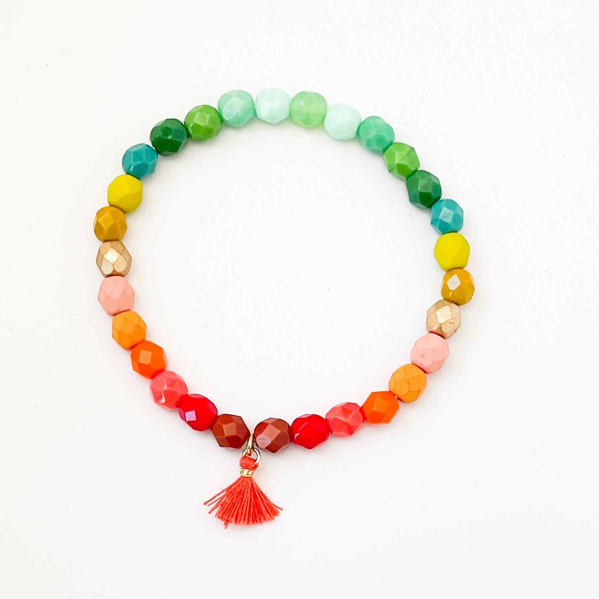 Ombre rainbow beaded bracelet with handmade cotton tassel