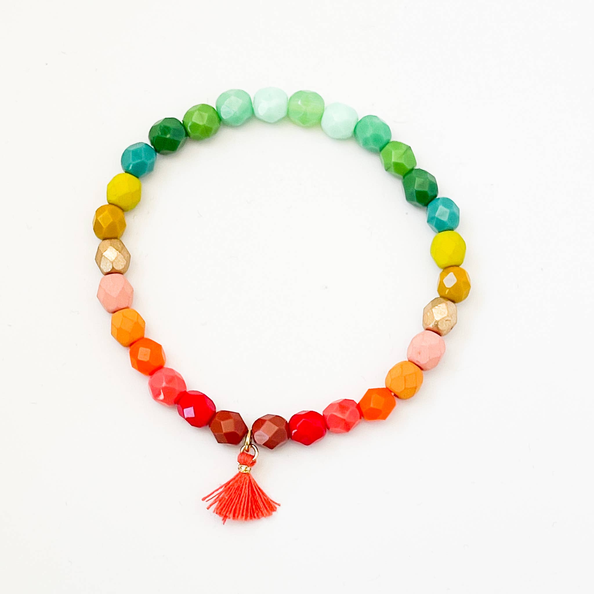 Ombre rainbow beaded bracelet with handmade cotton tassel