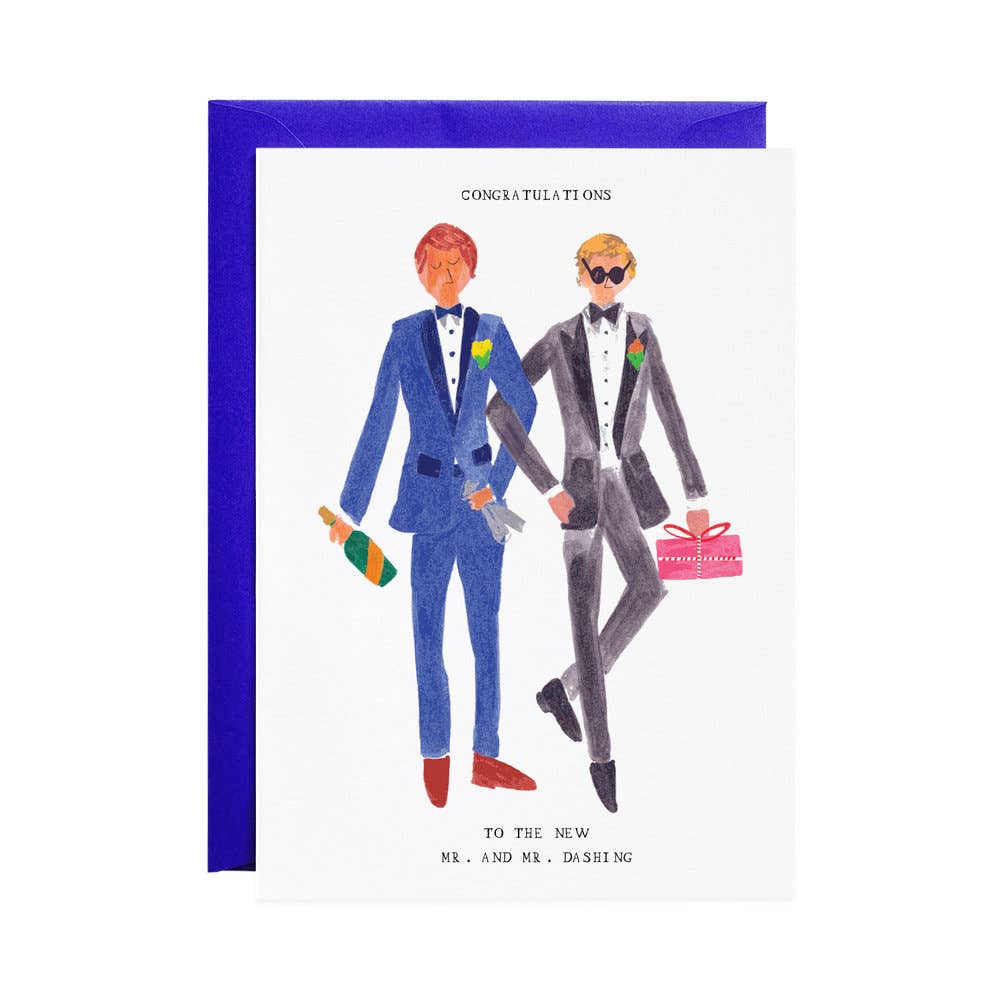 Greeting card with hand-lettered text: “Congratulations! To the New Mr. & Mr. Dashing!”
