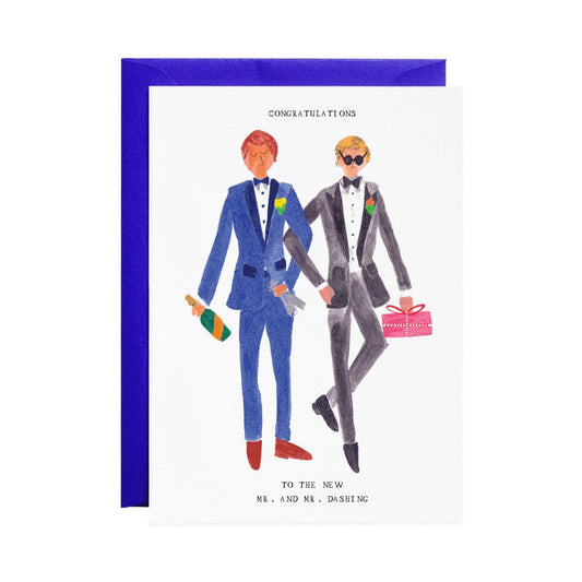 Greeting card with hand-lettered text: “Congratulations! To the New Mr. & Mr. Dashing!”