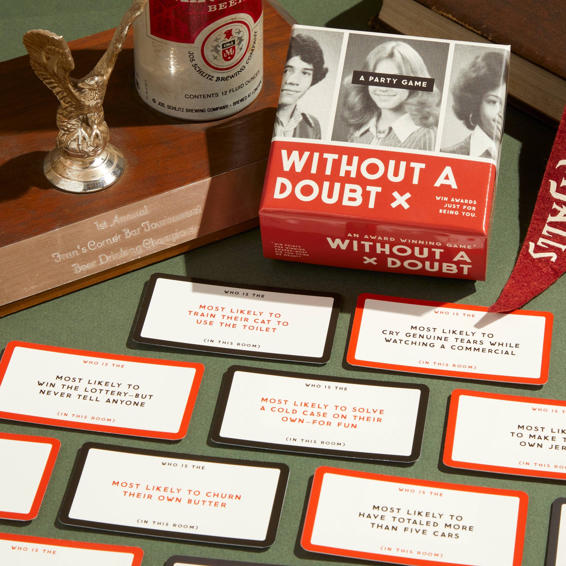 Card game 'Without a Doubt' with cards and packaging on a table.