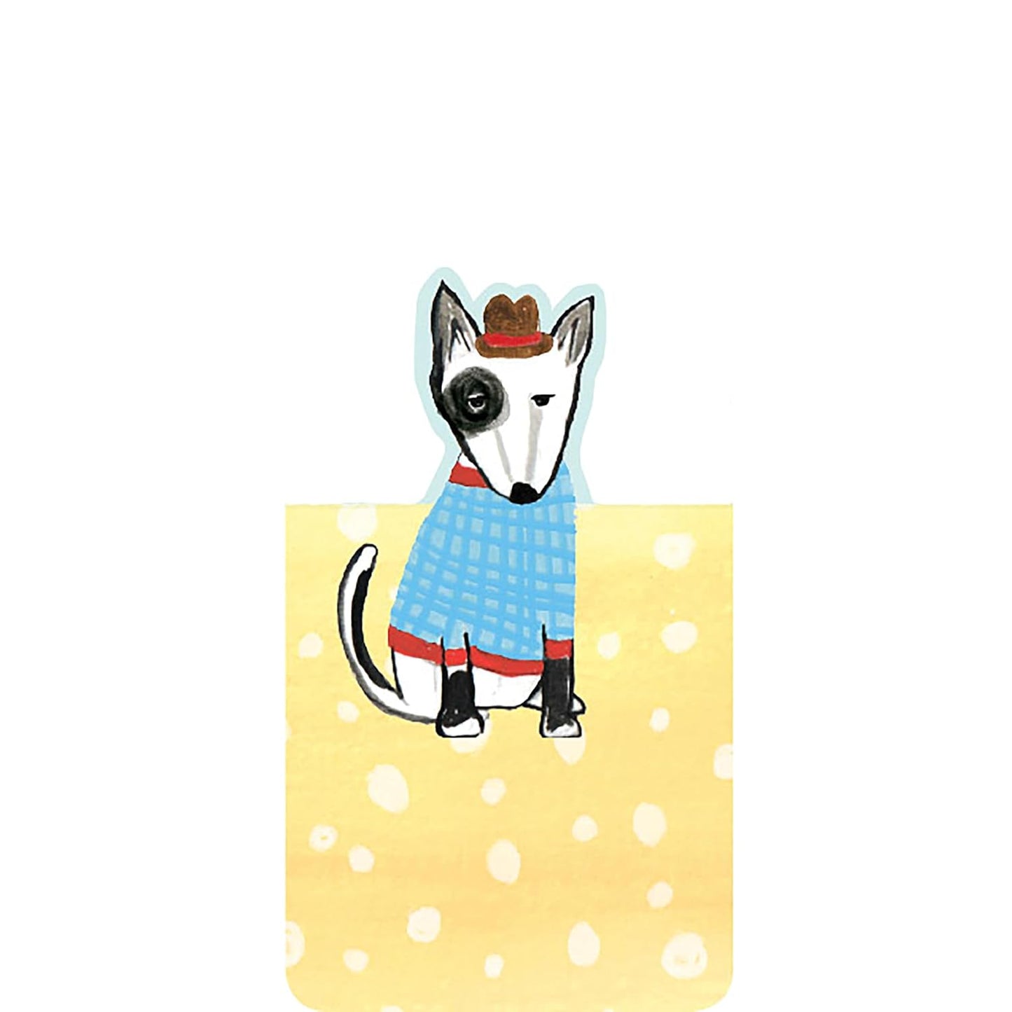 Bull terrier in a striped sweater magnetic bookmark on open book page