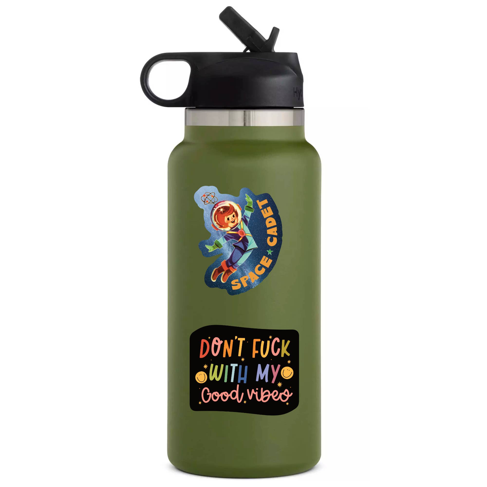 Vintage Woman Space Cadet Vinyl Sticker - Retro Space Design decal on water bottle. 