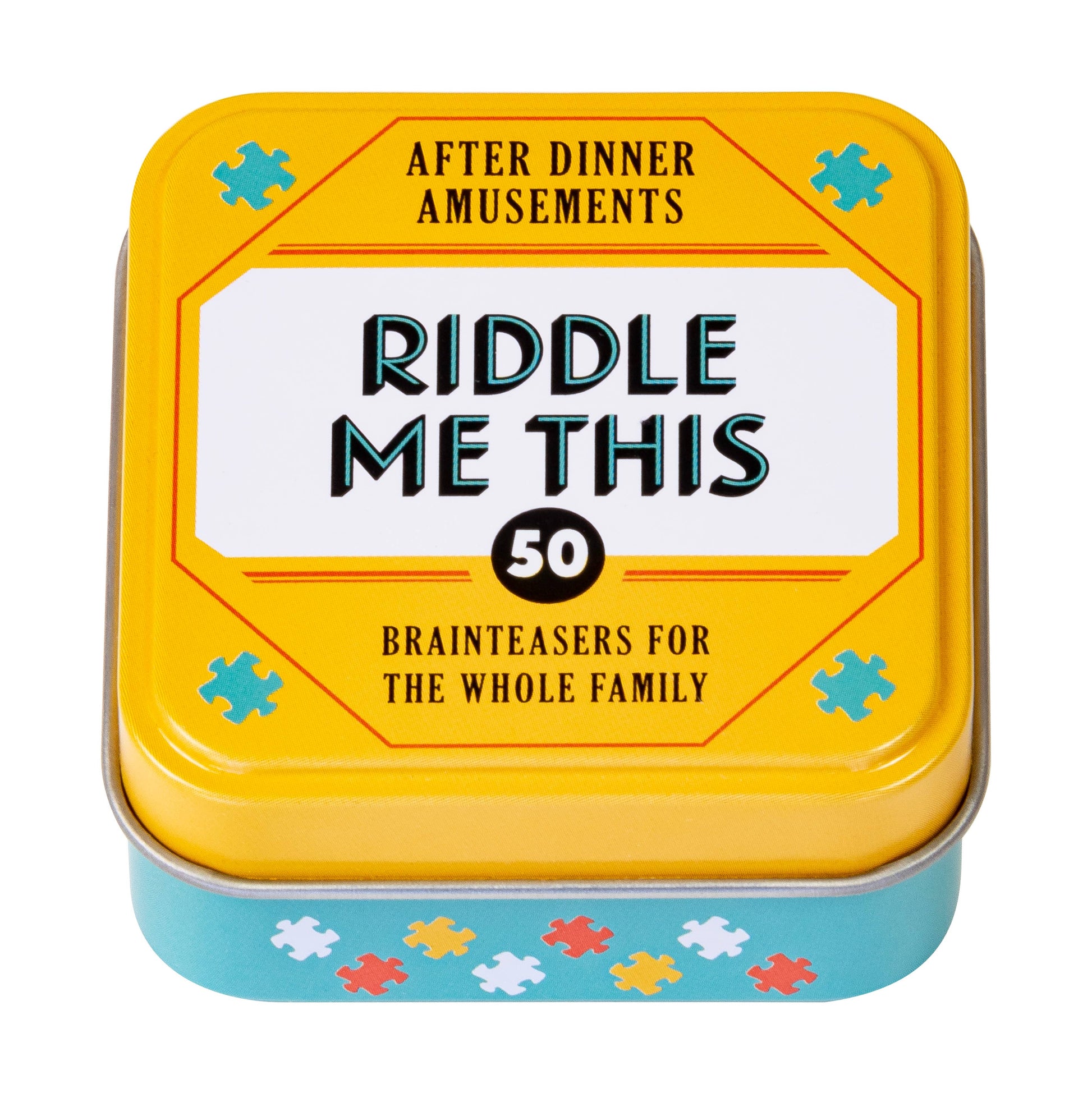 Yellow tin box with 'Riddle Me This' riddle book for family entertainment on a white background