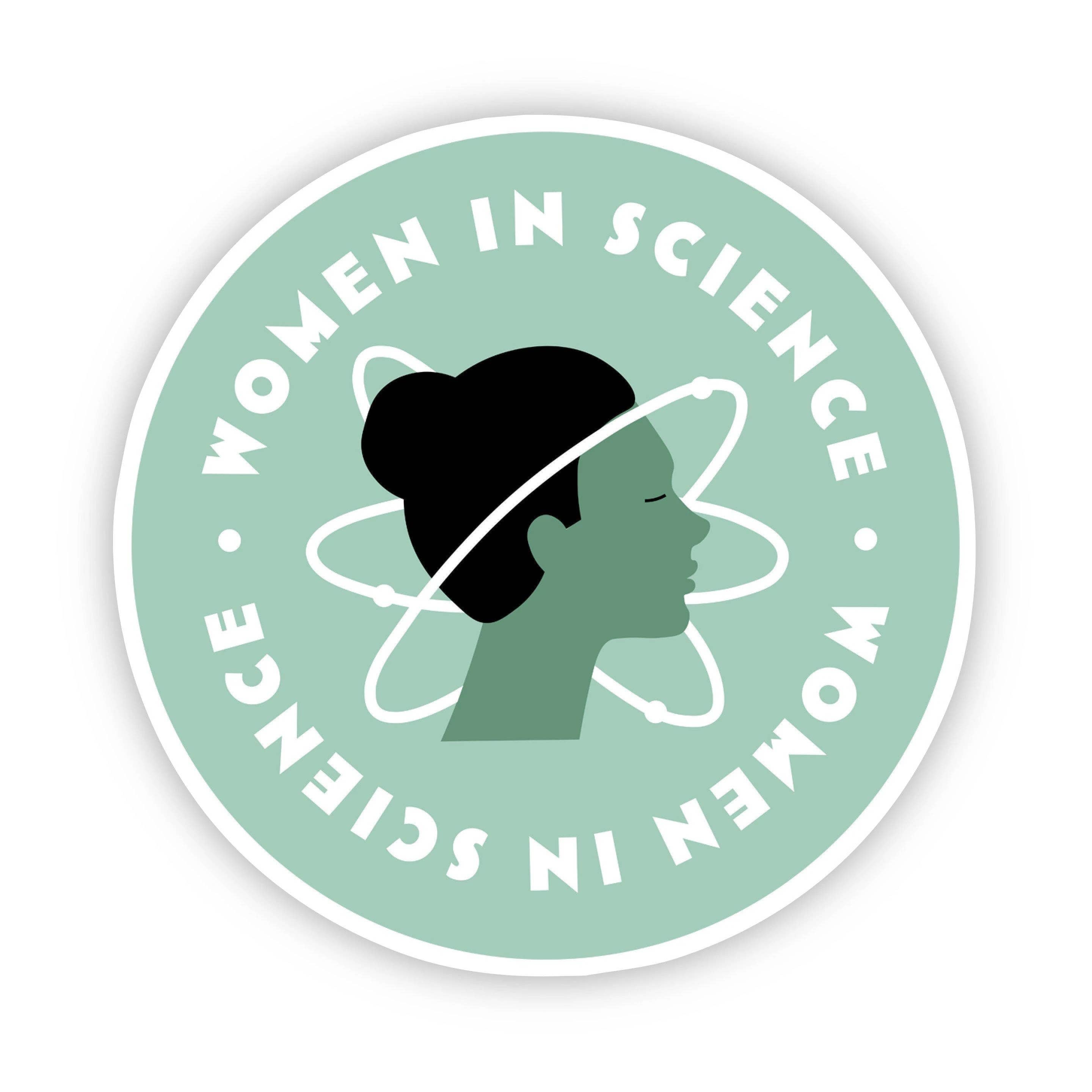 A round sticker with a green background featuring a silhouette of a woman's profile with a 'Women in Science' text and decorative elements.
