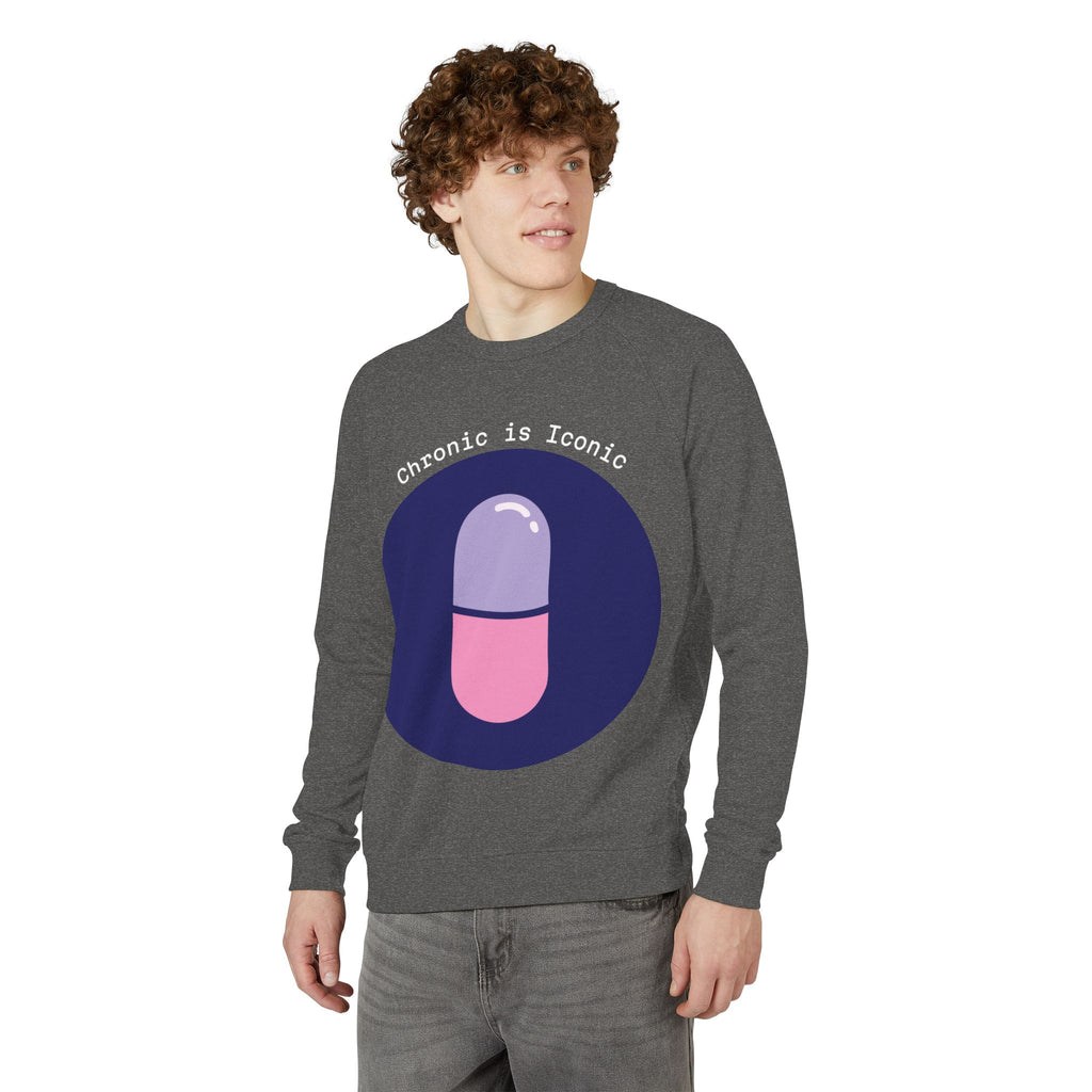 Person wearing a gray sweatshirt with a graphic design and text on a white background