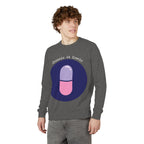 Person wearing a gray sweatshirt with a graphic design and text on a white background