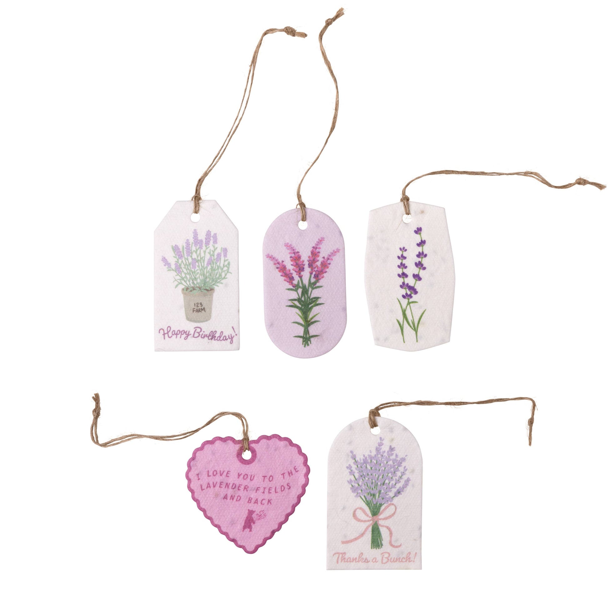 Set of decorative gift tags with lavender designs on a white background