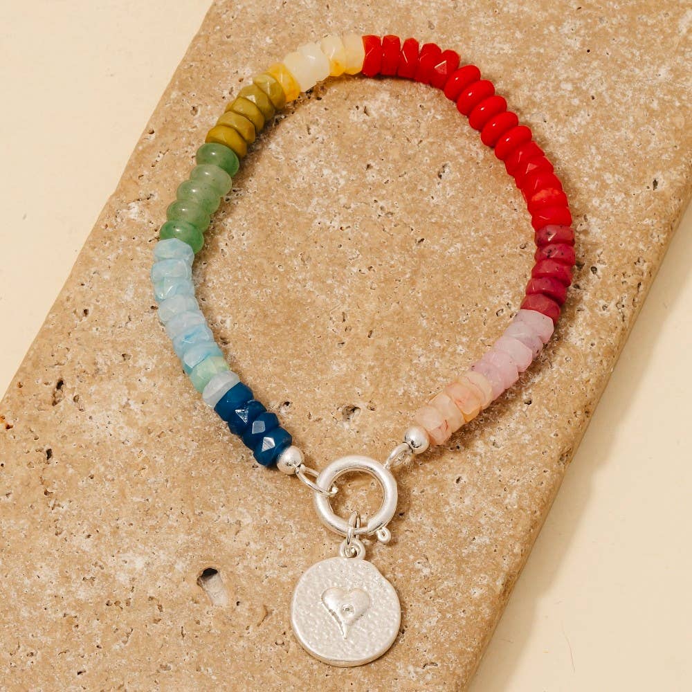 Heart coin charm bracelet with mixed silver and colorful beads