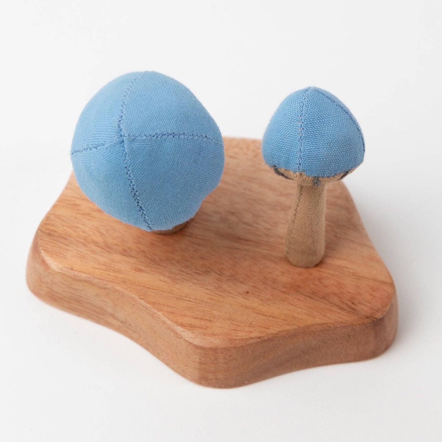 Close of view of two mushrooms with blue tops, on a wooden stand
