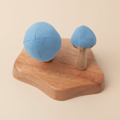 Close of view of two mushrooms with blue tops, on a wooden stand