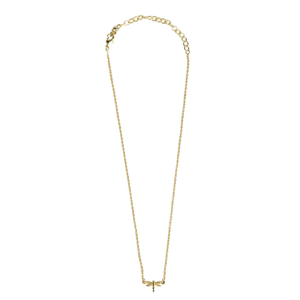 Gold-tone brass dragonfly pendant necklace symbolizing transformation
