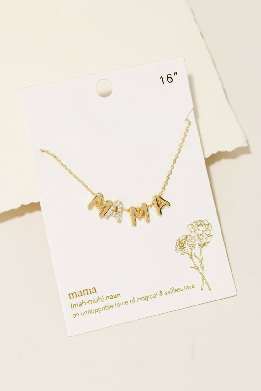 A gold chain necklace with the word 'mama' spelled out in individual letter charms, presented on a white jewelry card with the number 16 inches marked at the top.
