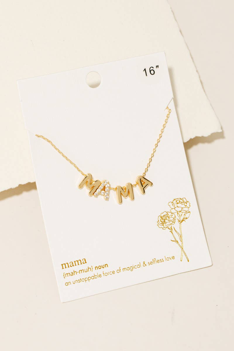 Mama letter charms chain necklace displayed on jewelry card
