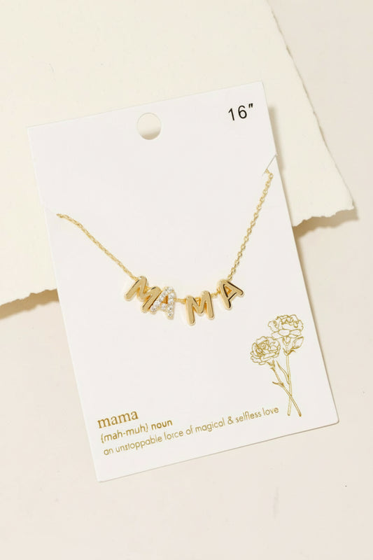 A gold chain necklace with the word 'mama' spelled out in individual letter charms, presented on a white jewelry card with the number 16 inches marked at the top.