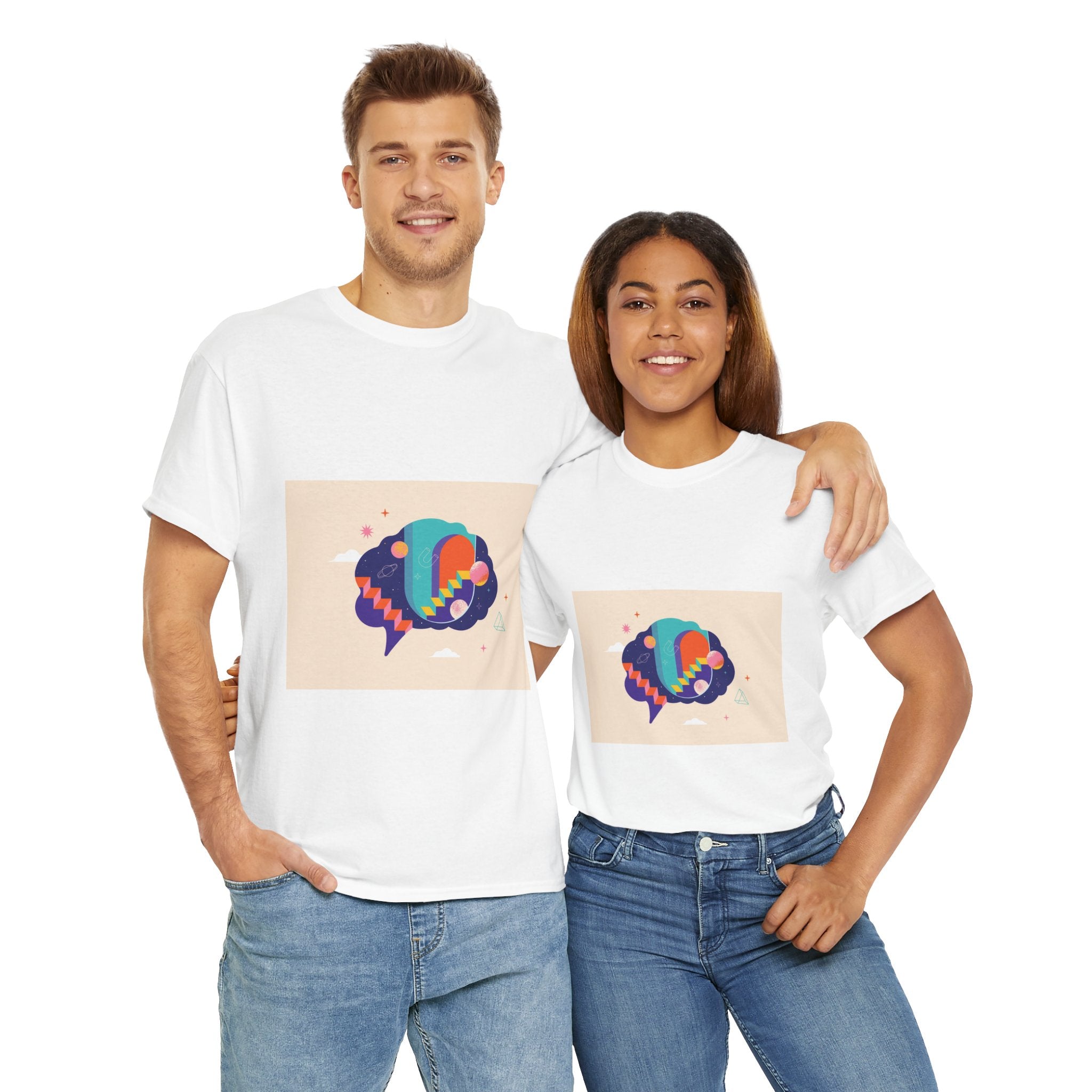 Two people wearing white t-shirts with colorful graphic designs on a white background