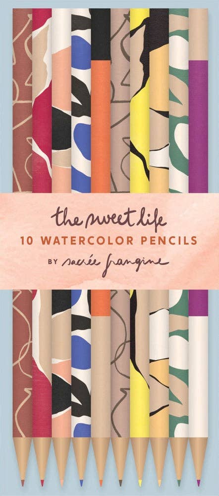 Set of watercolor pencils with abstract designs on a light blue background