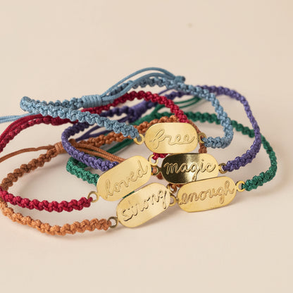 Adjustable affirmation bracelets shown in a pile (all sold separately 