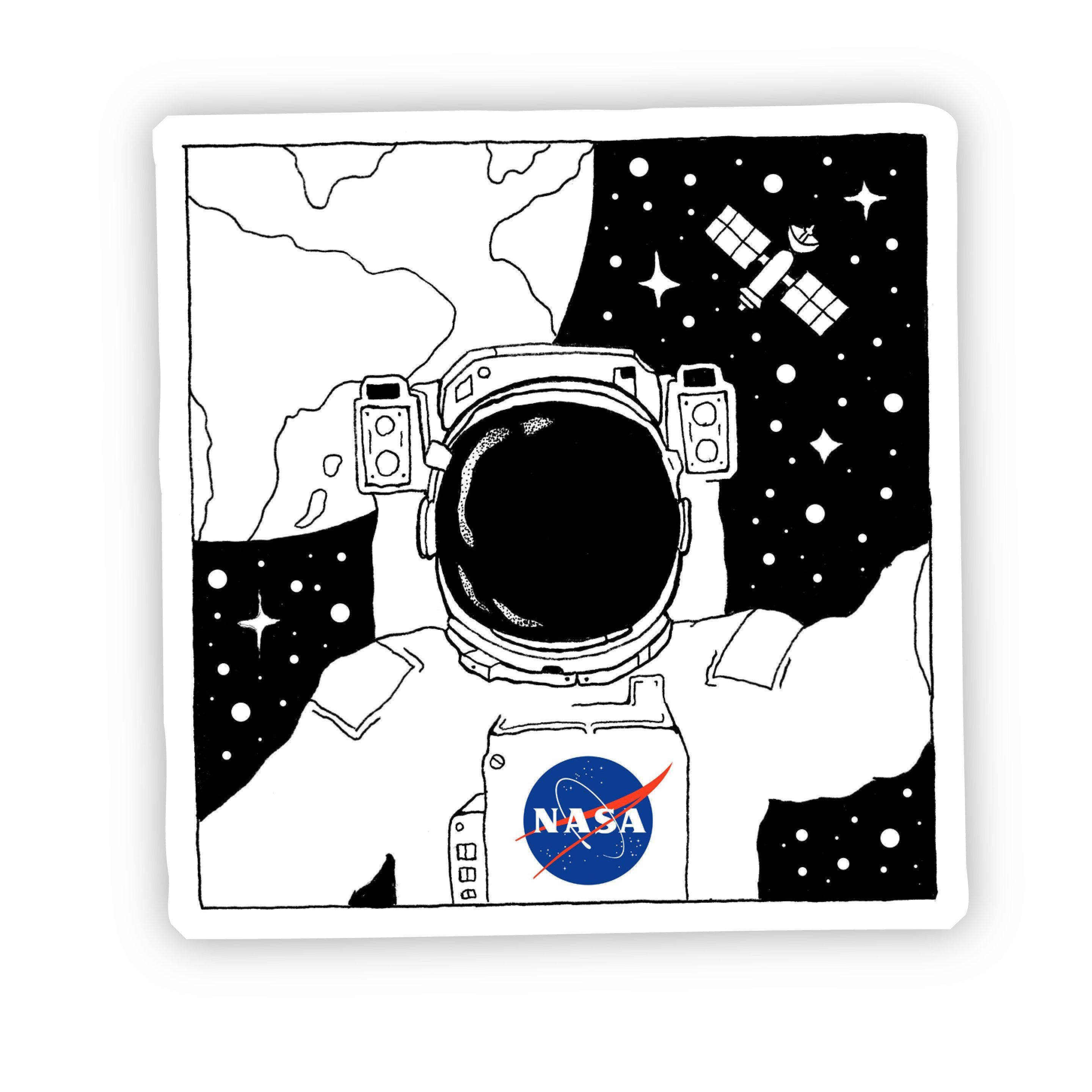 A sticker featuring an illustration of an astronaut in space with the NASA logo visible.