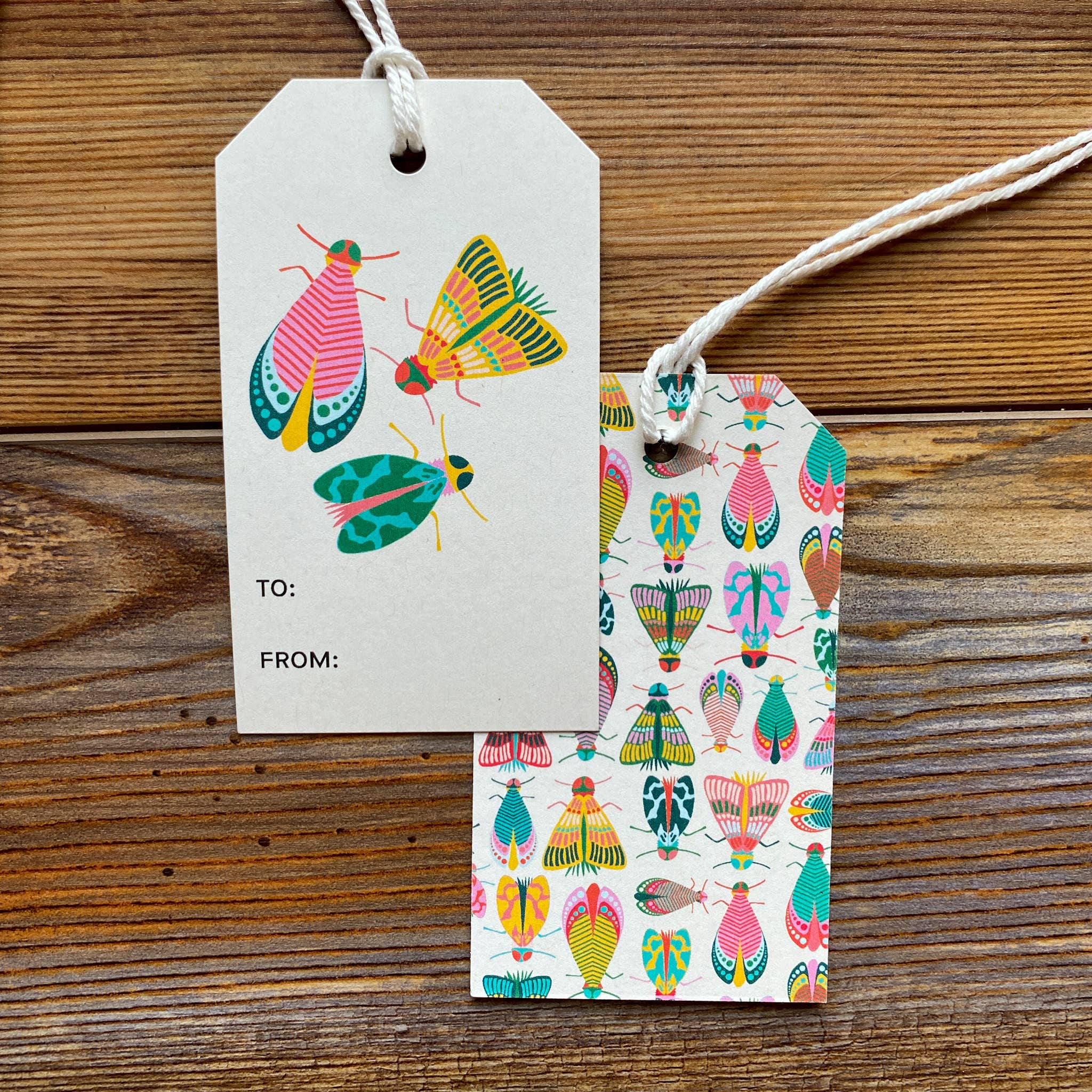 Set of 8 Dancing Bugs gift tags featuring vibrant illustrated insects and included twine