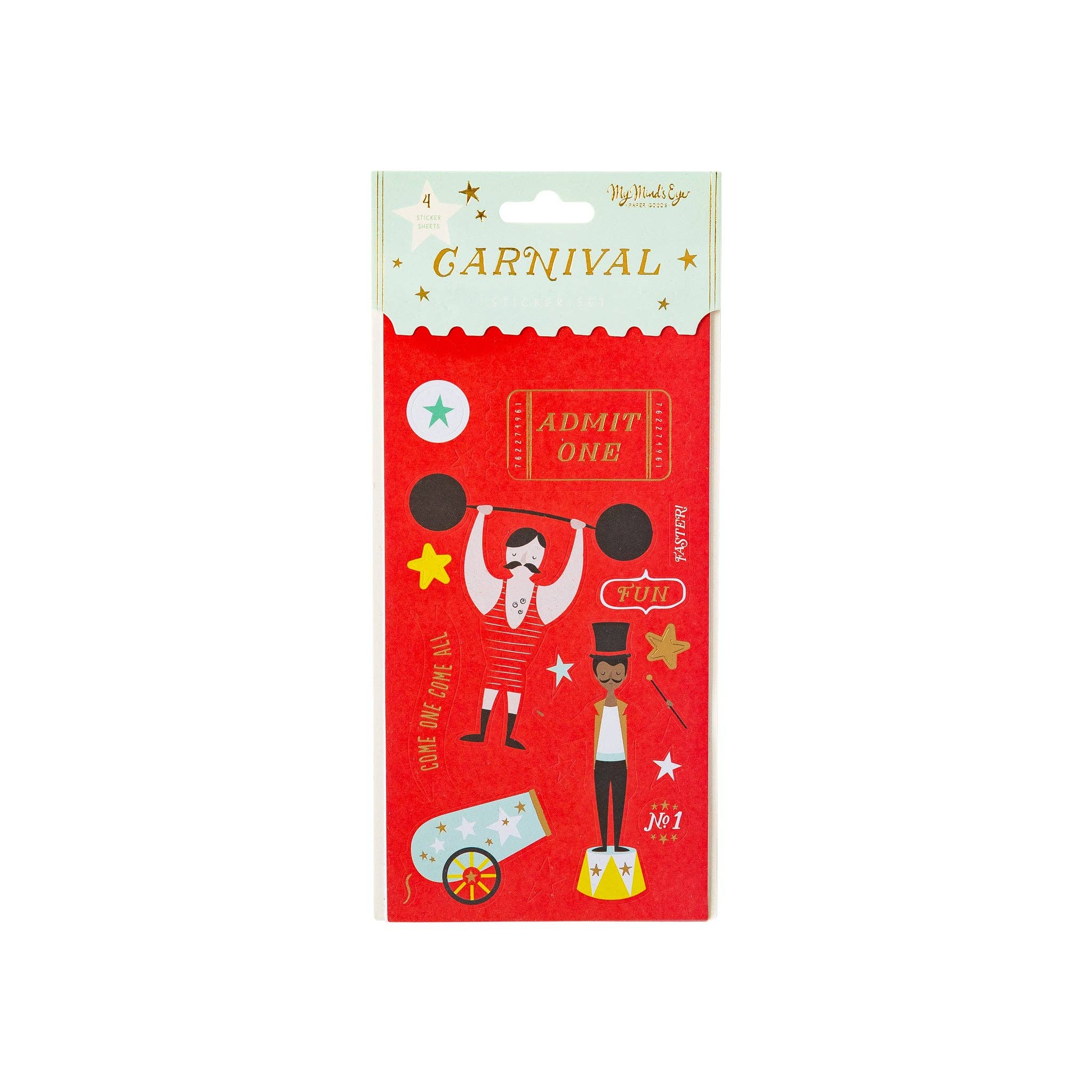 Carnival-themed sticker sheets with gold foil accents