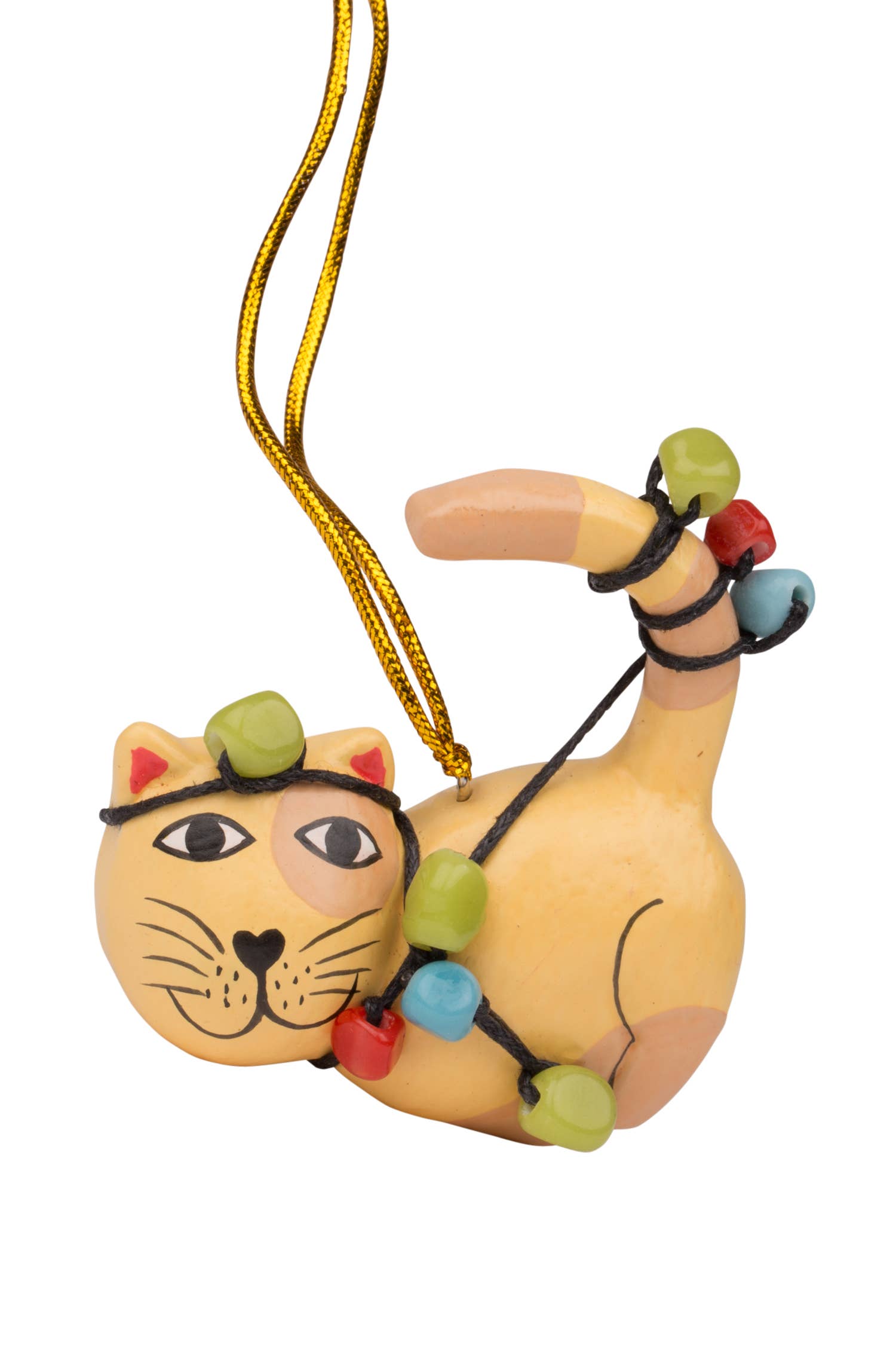 Cat-shaped ornament with colorful beads on a white background