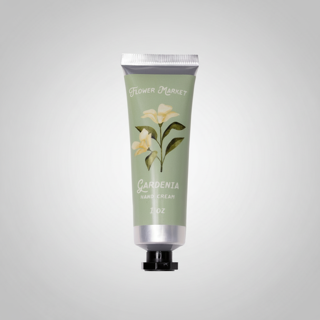Hand cream tube with floral design on a white background