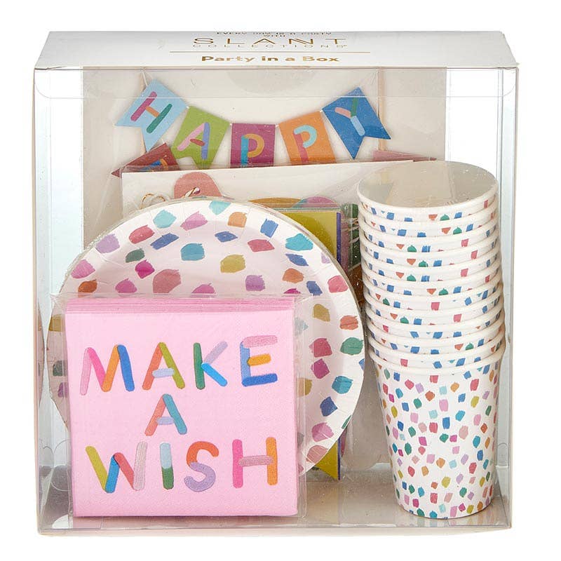 Rainbow Thimblepress x Slant Party in a Box - Happy Day - Complete Set with Garland, Cake Topper, Cups, Plates, Table Accents, and Napkins