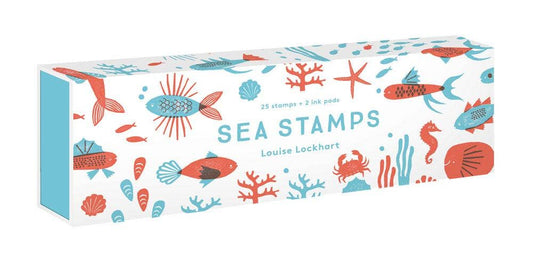 Close up view of the Louise Lockhart Sea Stamp box with 25 stamps and 2 ink pads