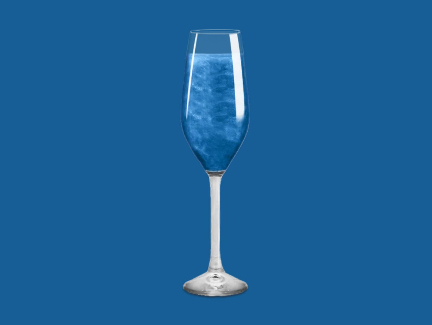 Blue Glitter Bomb dissolving in a champagne flute, turning the drink into a dazzling, colorful creation.