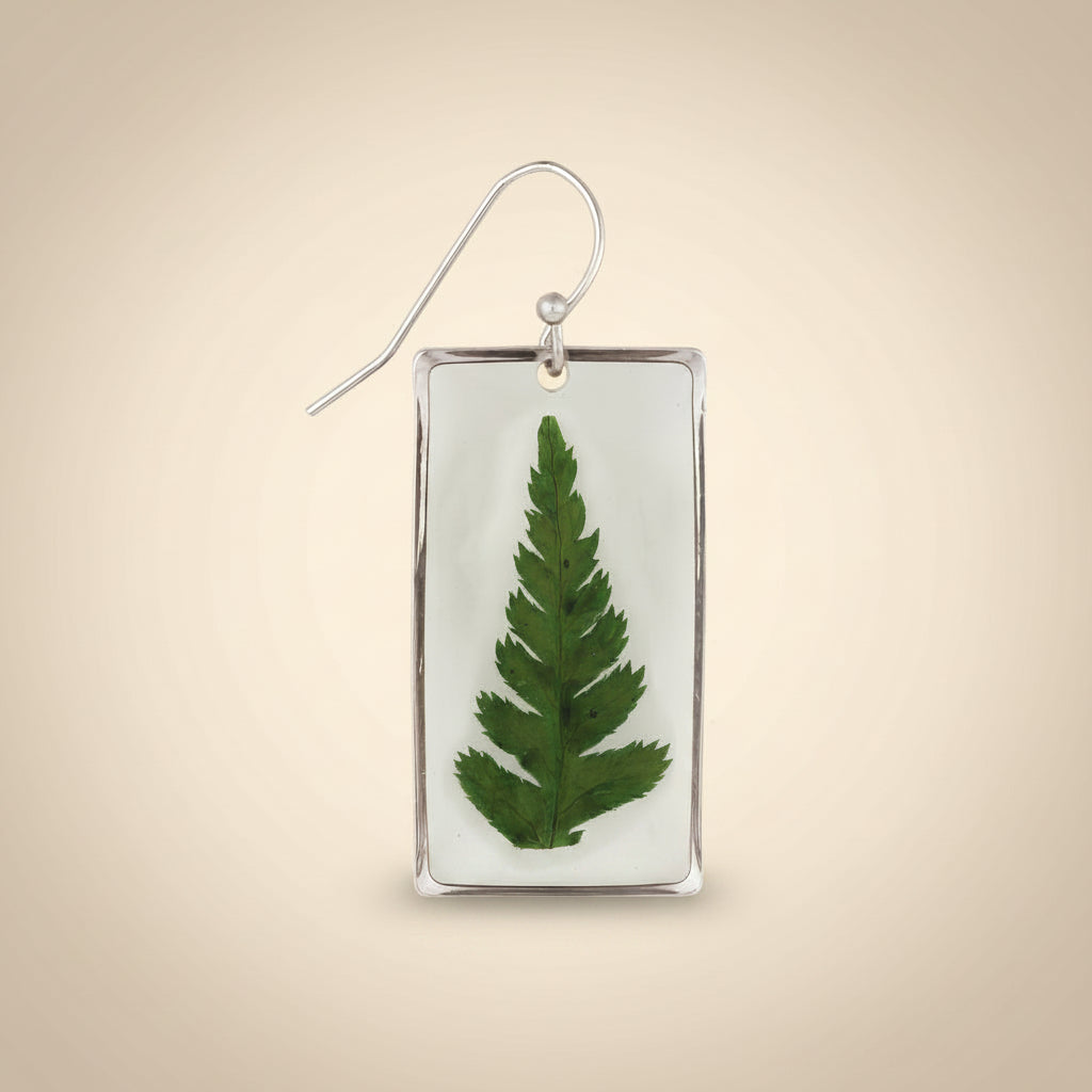 Earring with a pressed green leaf in a silver frame on a white background