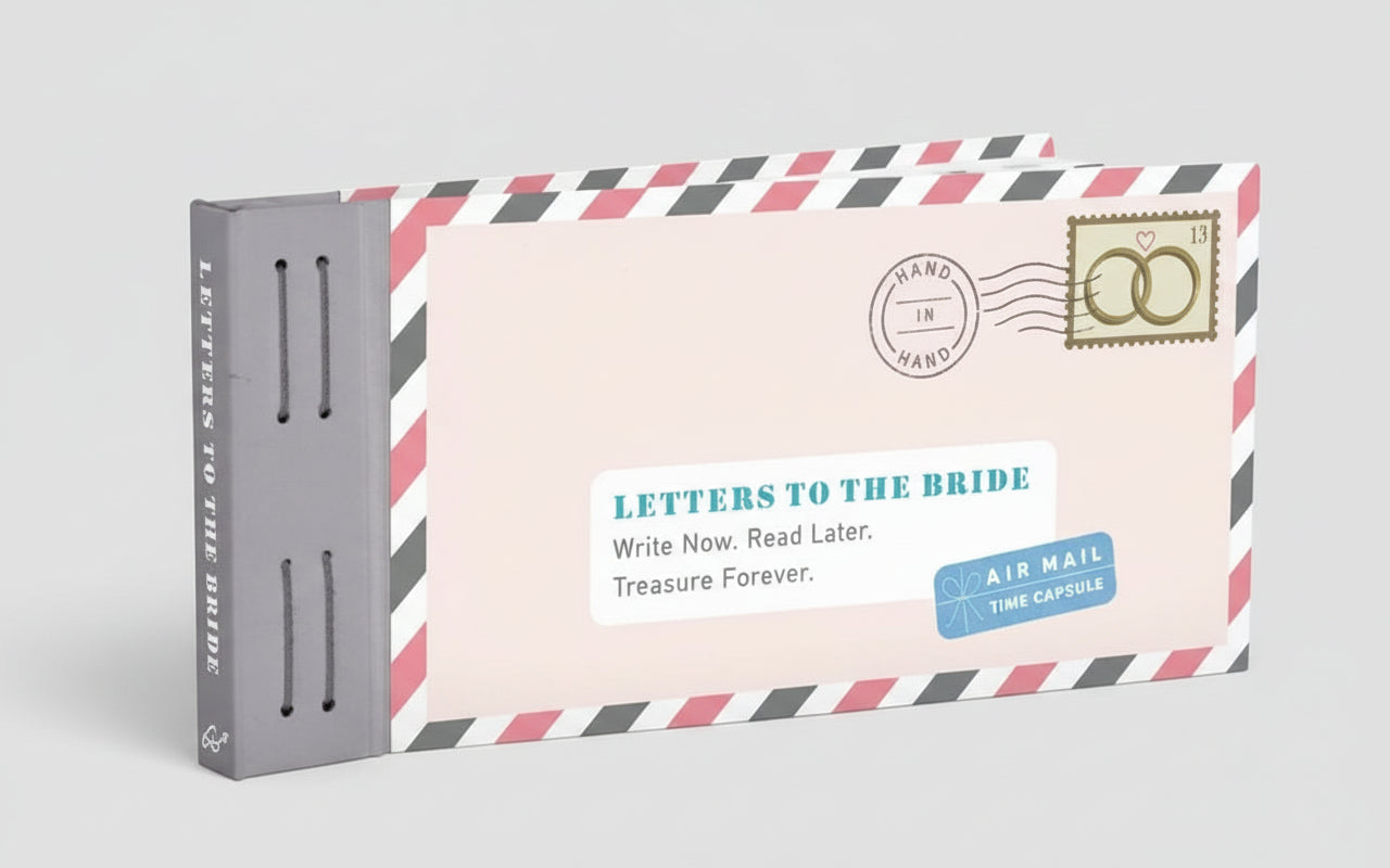 Book titled 'Letters to the Bride' with a pink envelope design on the cover.