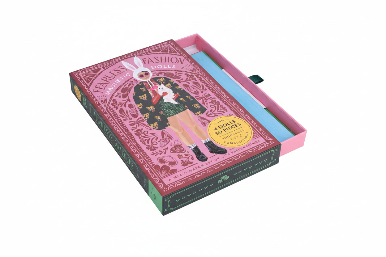 Fashion doll packaging with a pink and green design on a white background