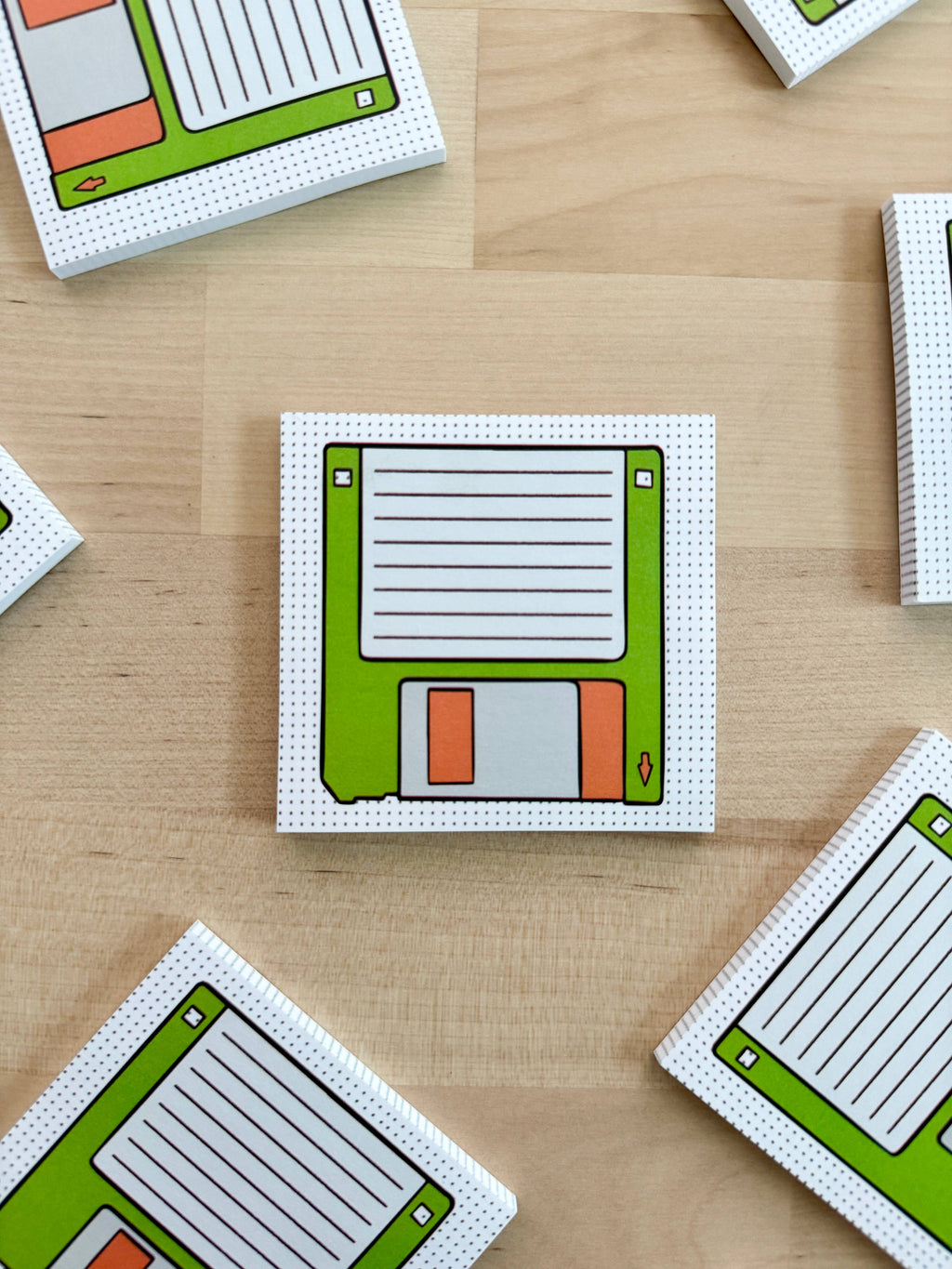 Close up of the Floppy disk retro sticky notes for vintage office lovers