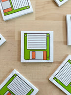 Close up of the Floppy disk retro sticky notes for vintage office lovers