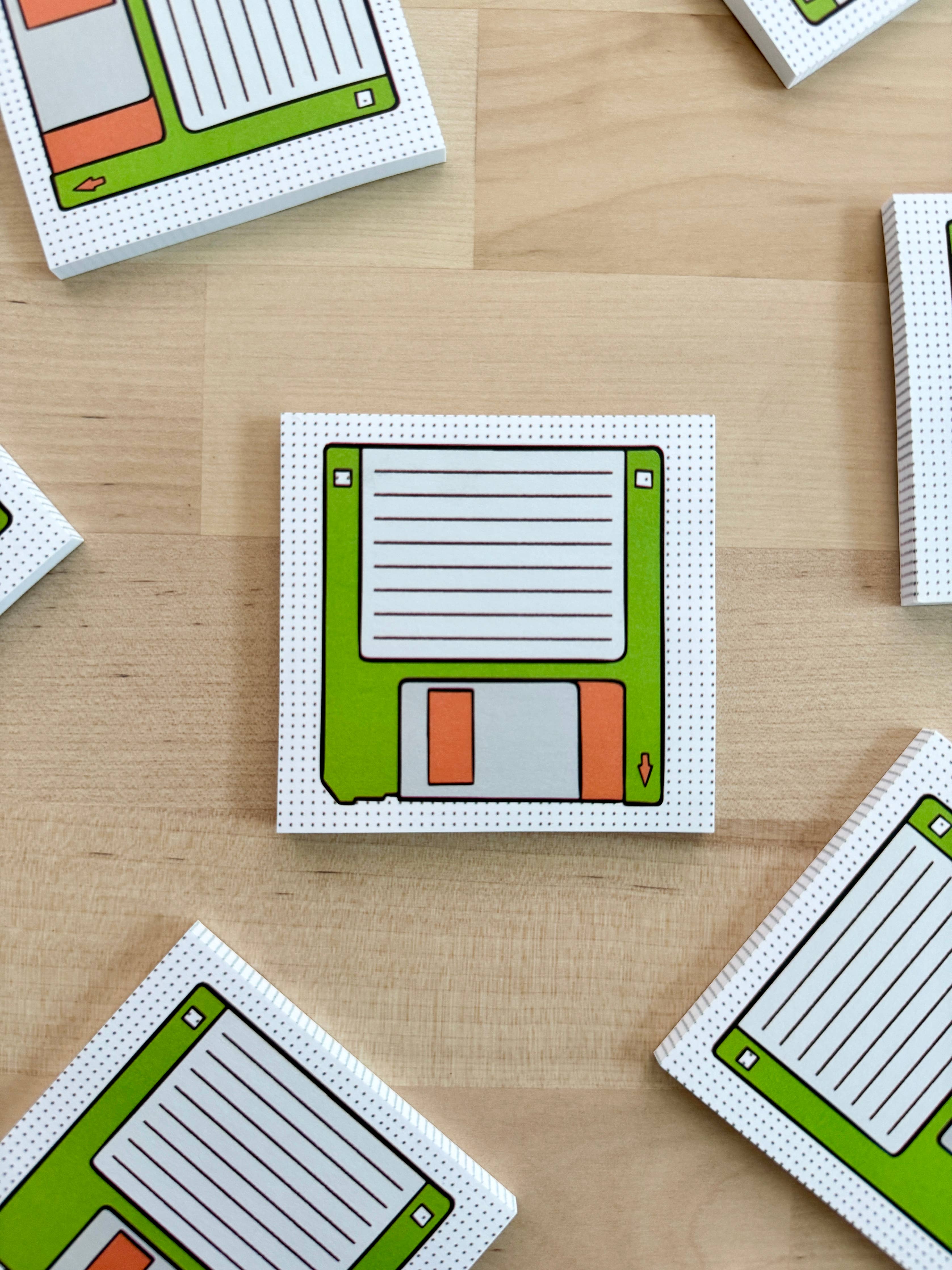Close up of the Floppy disk retro sticky notes for vintage office lovers