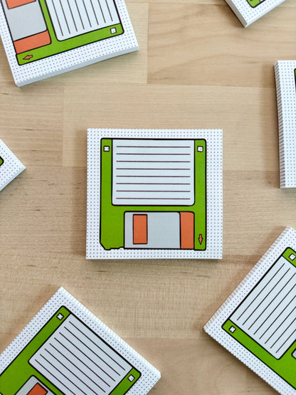 Close up of the Floppy disk retro sticky notes for vintage office lovers