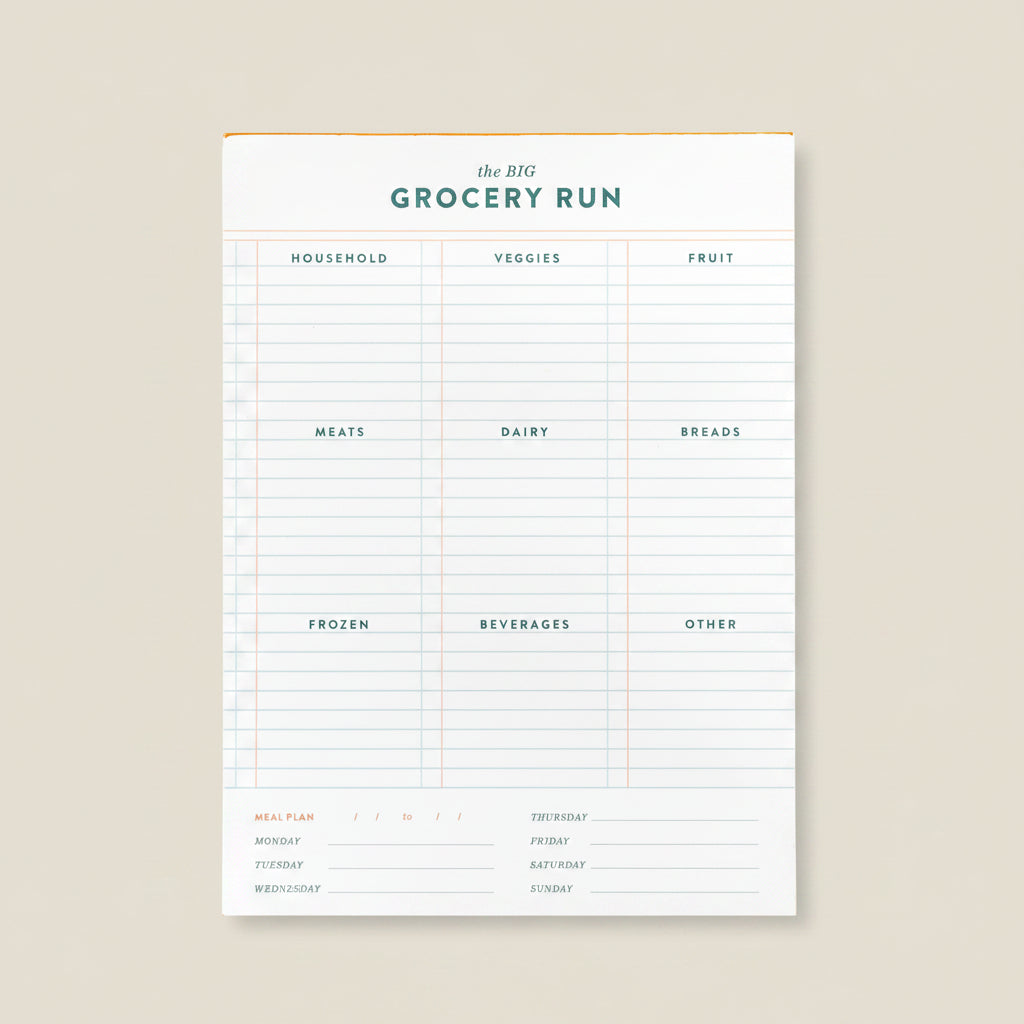 Grocery list template with categories and a week plan at the bottom.