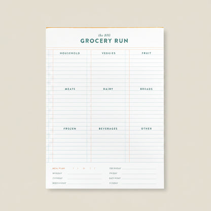 Grocery list template with categories and a week plan at the bottom.