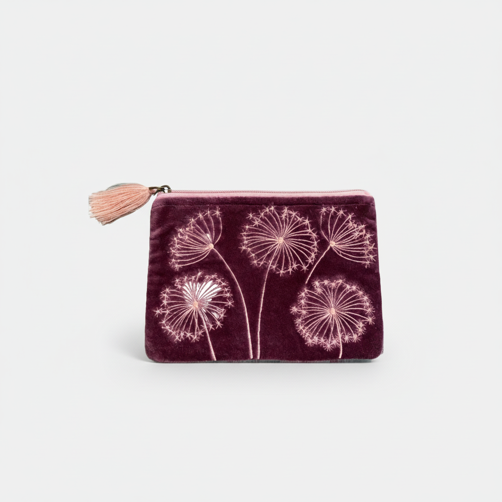 Dark plum velvet coin purse with Queen Anne's Lace floral embroidery on a white background.