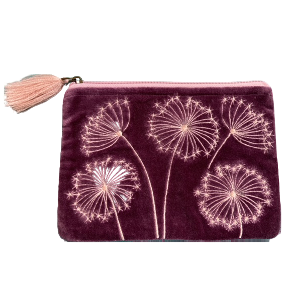 Dark Plum pouch with Queen Anne's Lace designs and a tassel on a white background
