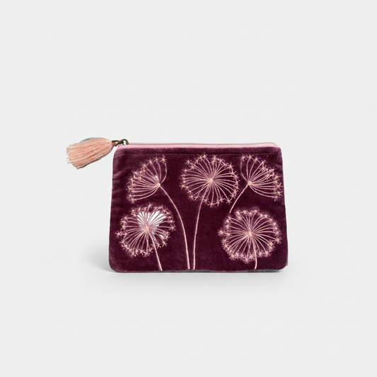 Dark plum velvet coin purse with Queen Anne's Lace floral embroidery on a white background.